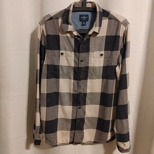 (4/$20) American Eagle Women's Tan and Black Plaid Shirt Size M Classic Fit